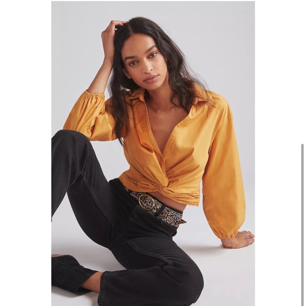 NWT Sundays inBrooklyn Anthropologie gold mustard button down twist top shirt XL